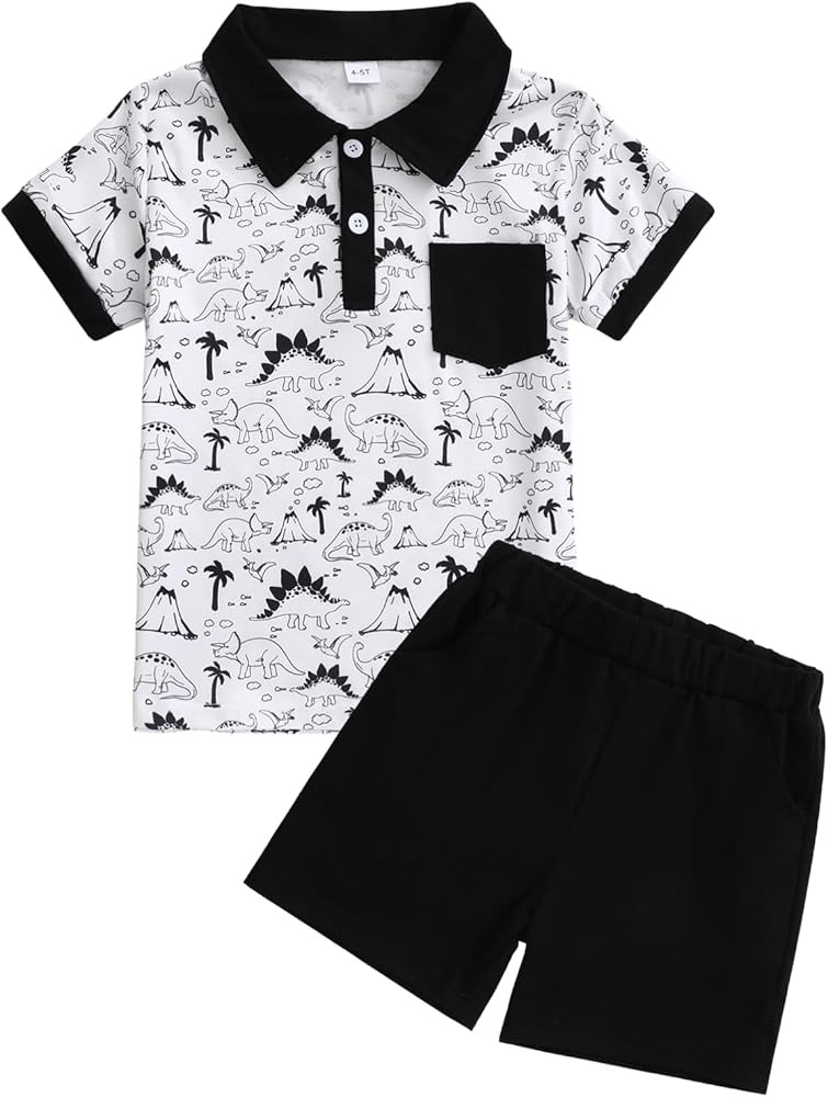 Size 4-8 Years Boys Clothes 2 Piece Summer Outfit Short Sleeve Dinosaur Polo Tee Shirt Top and Ca... | Amazon (US)