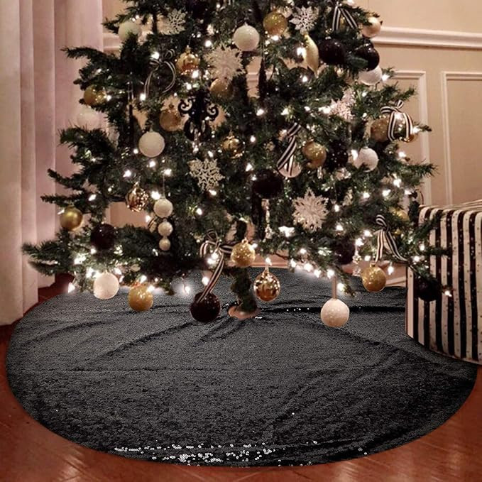 yuboo Black Christmas Tree Skirt, 48 Inch Sequin Double Layers Xmas Tree Mat for Holiday Decorati... | Amazon (US)
