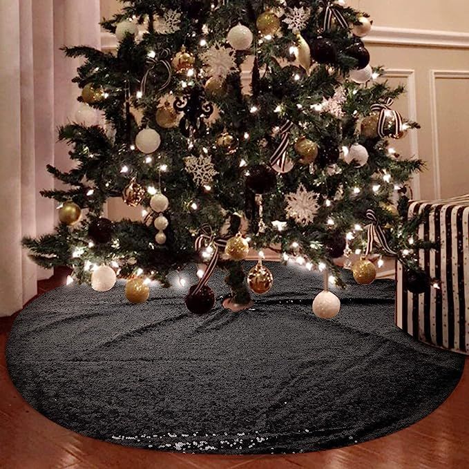 yuboo Black Christmas Tree Skirt, 48 Inch Sequin Double Layers Xmas Tree Mat for Holiday Decorati... | Amazon (US)