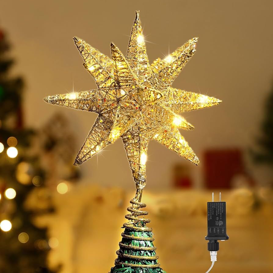 Amazon.com: Lewondr Christmas Star Tree Topper, 3D Geometric Star Plugged Decorative Treetop Star... | Amazon (US)
