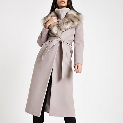 Womens Grey belted faux fur robe coat | River Island (UK & IE)
