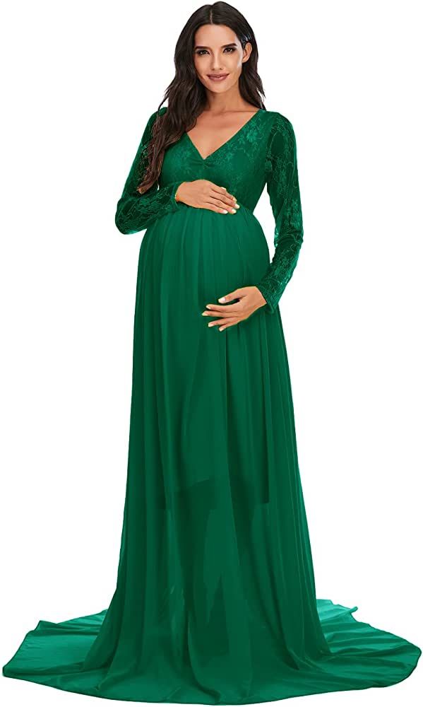 ZIUMUDY Maternity V Neck Chiffon Photography Gown Long Sleeve Lace Stitching Maxi Dress for Baby Sho | Amazon (US)