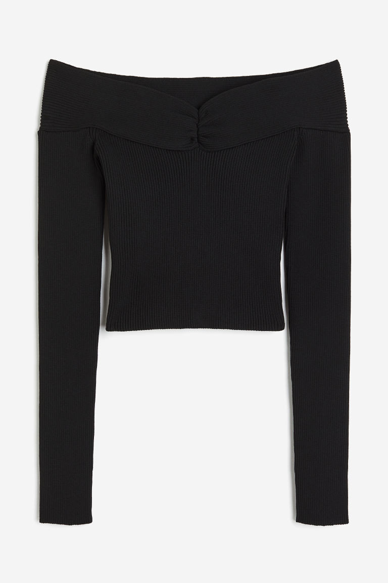 H & M - Rib-knit off-the-shoulder top - Black | H&M (UK, MY, IN, SG, PH, TW, HK)