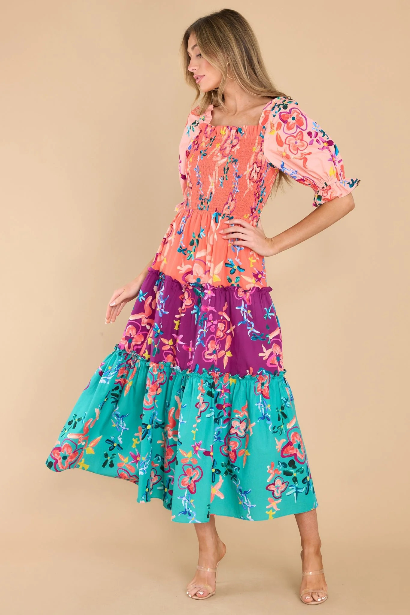 Dylan Rainbow Floral Multi Midi Dress | Red Dress 