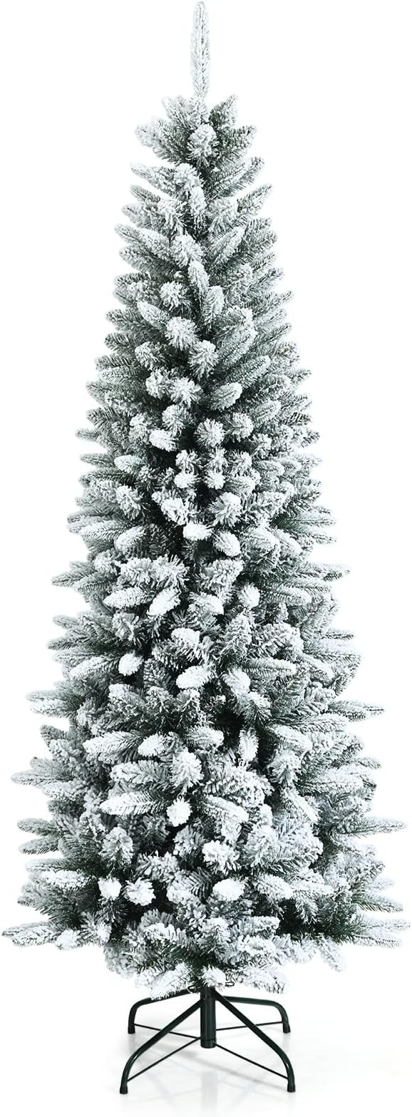 Goplus 6.5ft Snow Flocked Pencil Christmas Tree, Hinged Artificial Slim Xmas Tree W/ 829 Branch T... | Amazon (US)