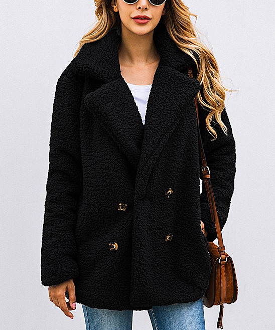 Suvimuga Women's Overcoats Black - Black Teddy Peacoat - Women | Zulily
