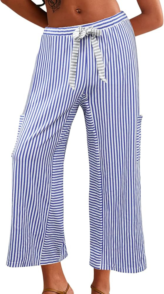 Women's Wide Leg Lounge Pants Striped Mid Waisted Drawstring Beach Pants Capri Pants Trousers wit... | Amazon (US)