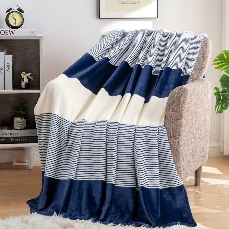 Homelike Moment Fleece Throw Blanket for Couch Navy Blue 50x60, Soft Cozy Blue White Striped Flan... | Amazon (US)