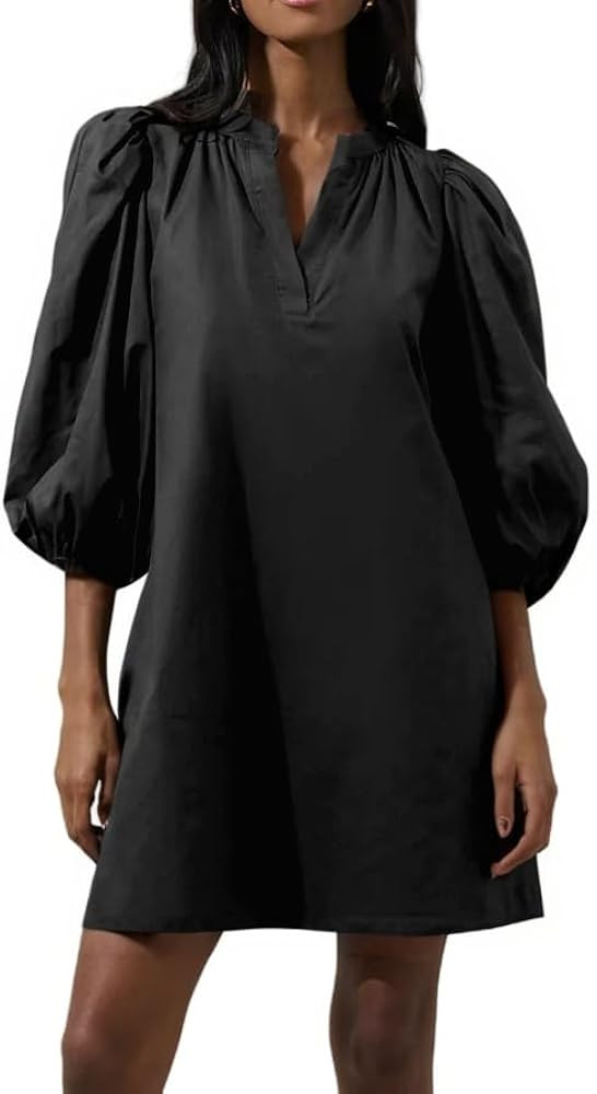 Women Babydoll Mini Dress Summer Casual Cotton V Neck Puff Lantern Sleeve Loose A Line Cute Dress | Amazon (US)