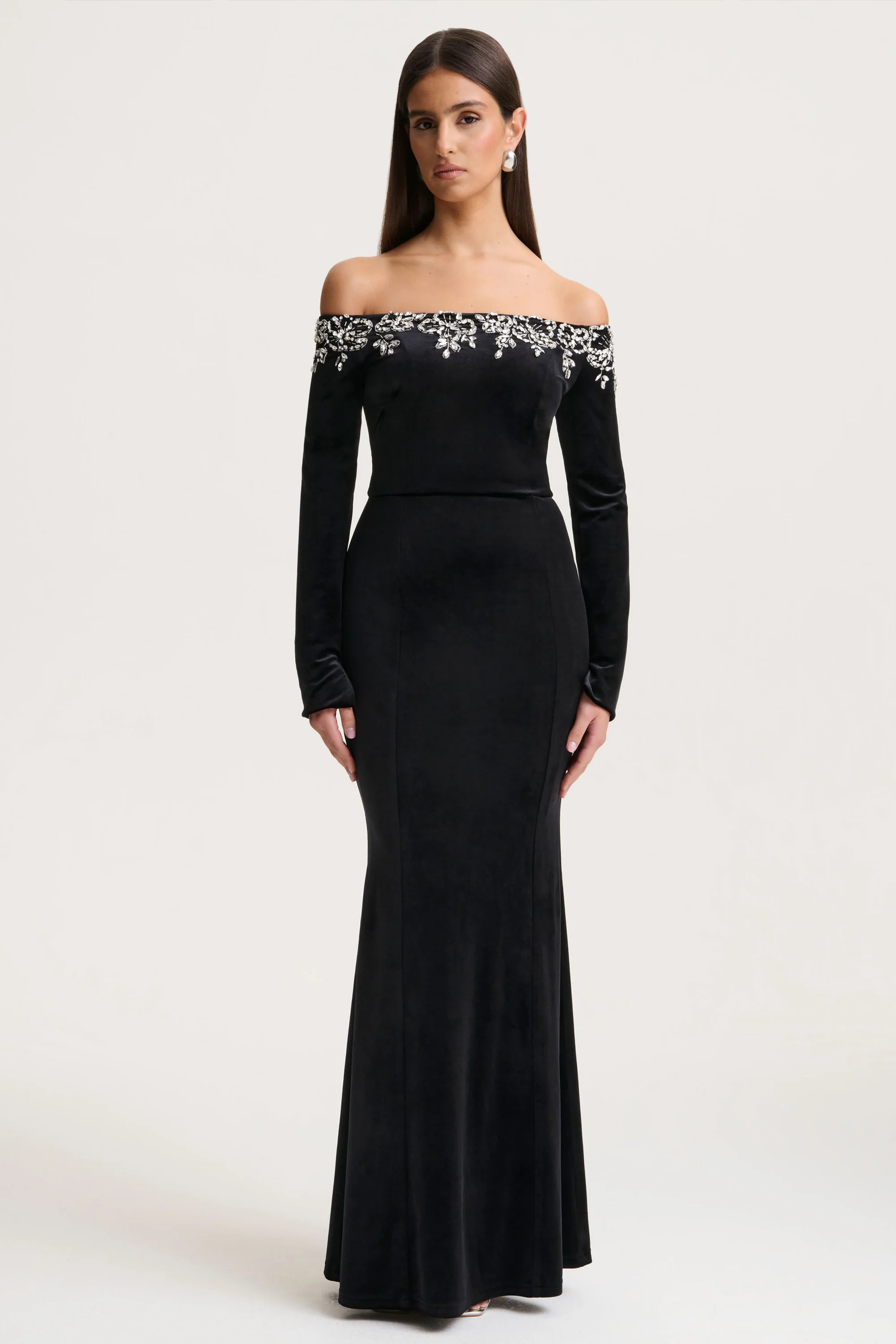 Fern | Black Velvet Embellished Bardot-Neck Maxi Dress | Club L London