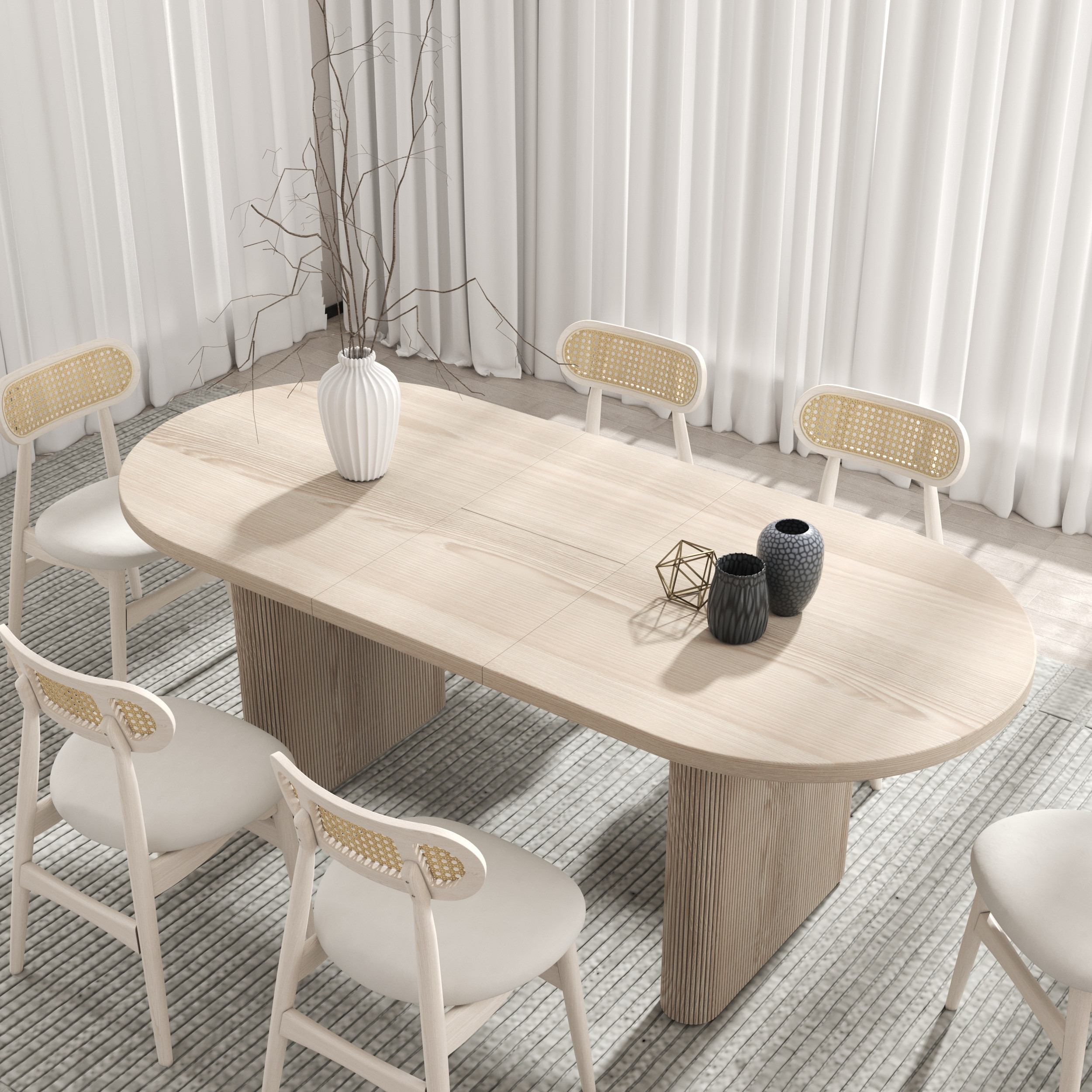 Oval Extendable Dining Table Set 63""-79"" Whitewash Dining Table & 6 Wood Rattan Dining Chairs | Homary