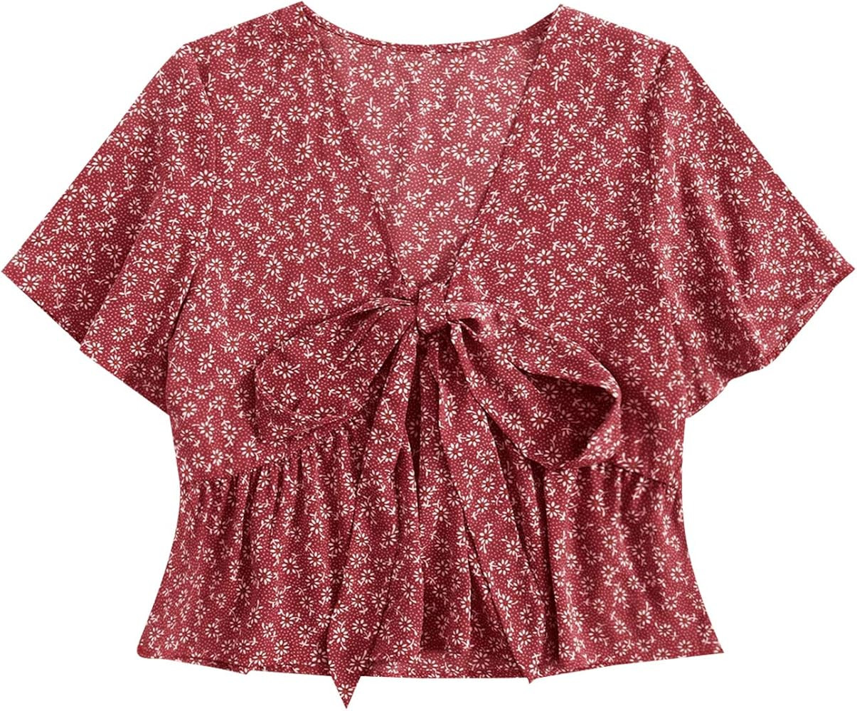 LYANER Women's Floral Print V Neck Tie Knot Ruffle Hem Short Sleeve Blouse Peplum Top | Amazon (US)