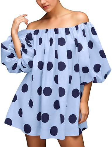 Summer Off The Shoulder Polka Dot Mini Dress Puff Sleeve Baggy Flowy Cute Babydoll Dress Casual L... | Amazon (US)