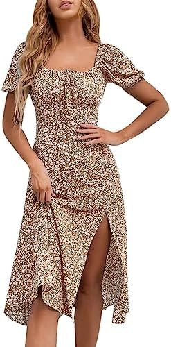SPRIME Women's Floral Summer Casual Dress Square Neck Puff Sleeve Boho Midi Dresses Ruched Bust H... | Amazon (US)