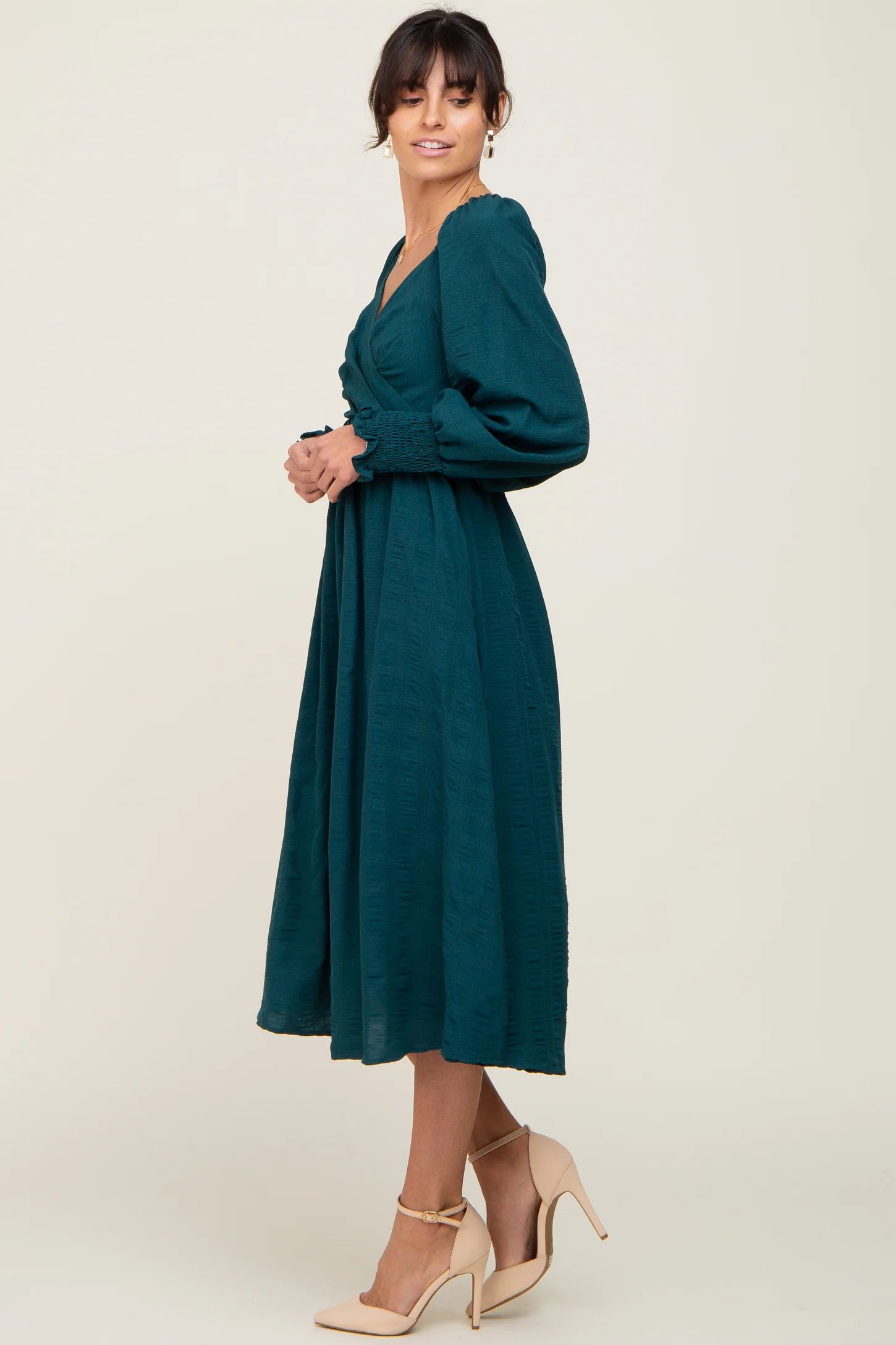 Forest Green Wrap Smocked Accent Long Sleeve Dress | PinkBlush Maternity