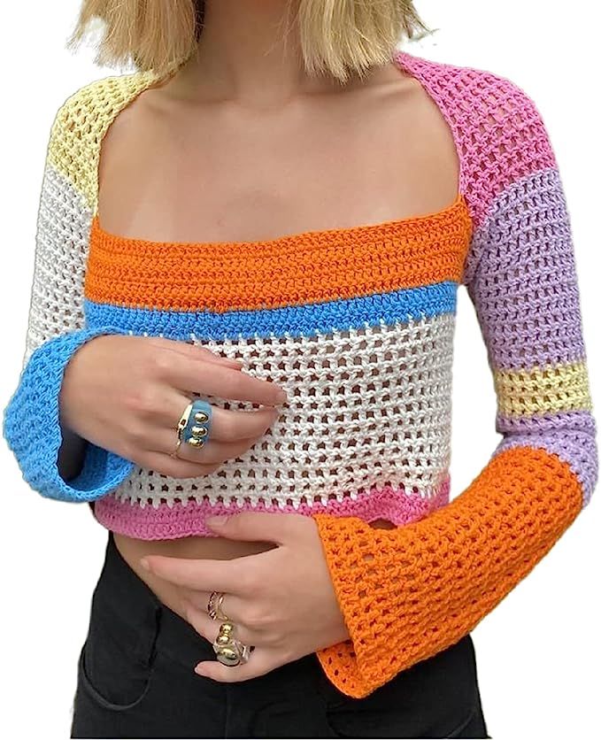 Y2k Women Long Sleeve Crop Top Crochet Knit Color Block Pullover Jumper Tops Loose Patchwork Shir... | Amazon (US)