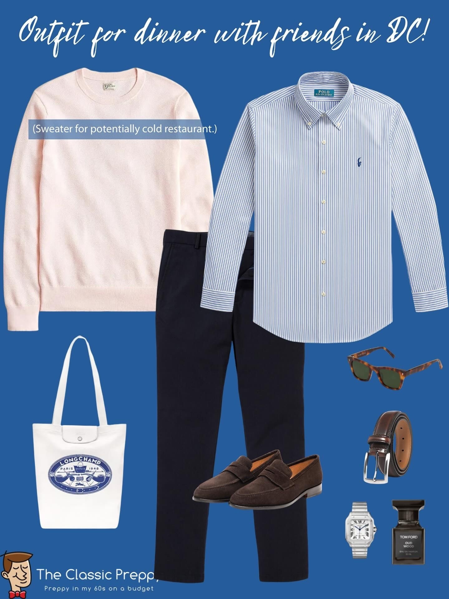 Outfit ready for dinner @lavie_dc in the @dcwharf area with friends! 🍽️✨ 

Always bring a light sweater in case the restaurant is chilly.

👔 Shirt: @poloralphlauren
👖 Pants: @amazonfashion 
🧥 Sweater: @jcrew 
🕶️ Sunglasses: @warbyparker
👜 Tote: @longchamp
👞 Loafers: @casuccio1956 
👃 Fragrance: @tomfordbeauty

#PreppyStyle #ClassicMenswear #IvyStyle #MensOutfitInspo #OOTDPreppy #NoBuyChallenge #ClassicPreppy #MensStyleOver60 #PreppyOnABudget #ShopYourCloset #LTKpreppy #LTKprep

#LTKStyleTip #LTKMens #LTKOver40
