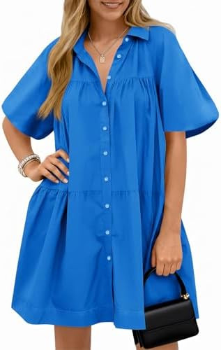 Wenrine Women's Summer Button Down Shirt Dress Puff Short Sleeve Dresses | Casual,Loose Fit, Flow... | Amazon (US)