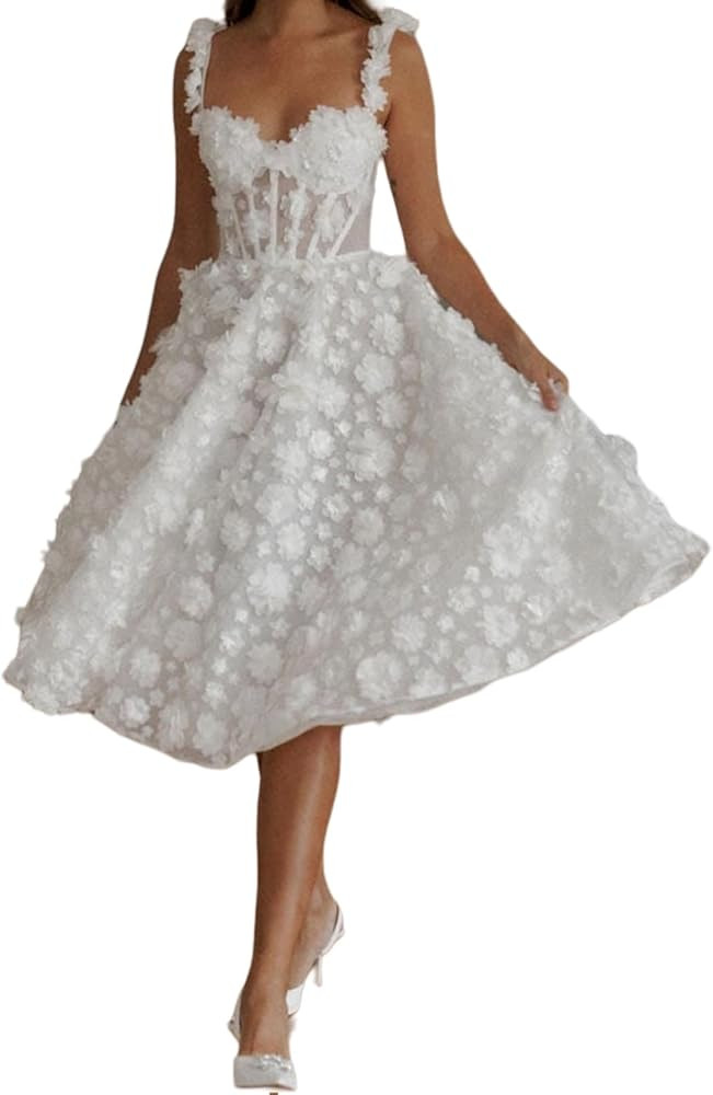 Spaghetti Straps Wedding Dress for Brides 3D Flower Lace Embroidery Bridal Gowns for Womens | Amazon (US)