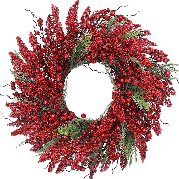Christmas Wreath 24 Inch Christmas Wreath for Front Door, with Pine Needle Red Berries,for Firepl... | Amazon (US)