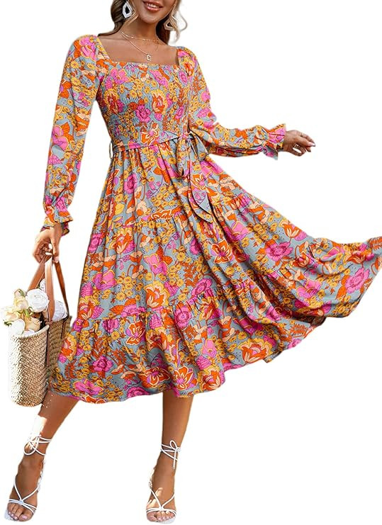 Simplee Womens Long Sleeve Maxi Dress Casual Square Neck Smocked Flowy Fall Wedding Guest Dresses | Amazon (US)