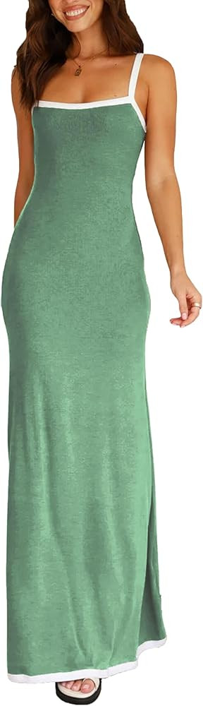 Summer Knit Maxi Dress Sleeveless Contrasting Edges Elasticated Straps Long A-Line Bodycon Slim D... | Amazon (US)