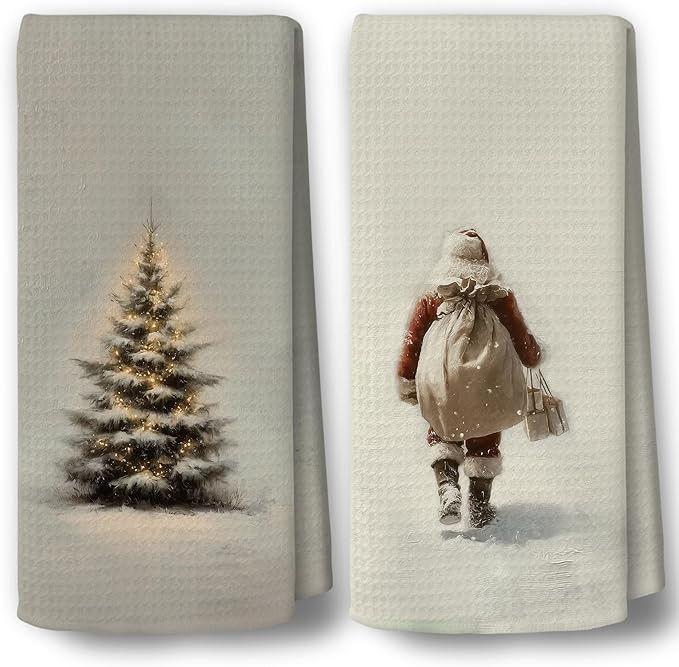 Vintage Christmas Kitchen Towels Decor Set of 2 - Retro Xmas Holiday Hand Tea Towels, Rustic Neut... | Amazon (US)