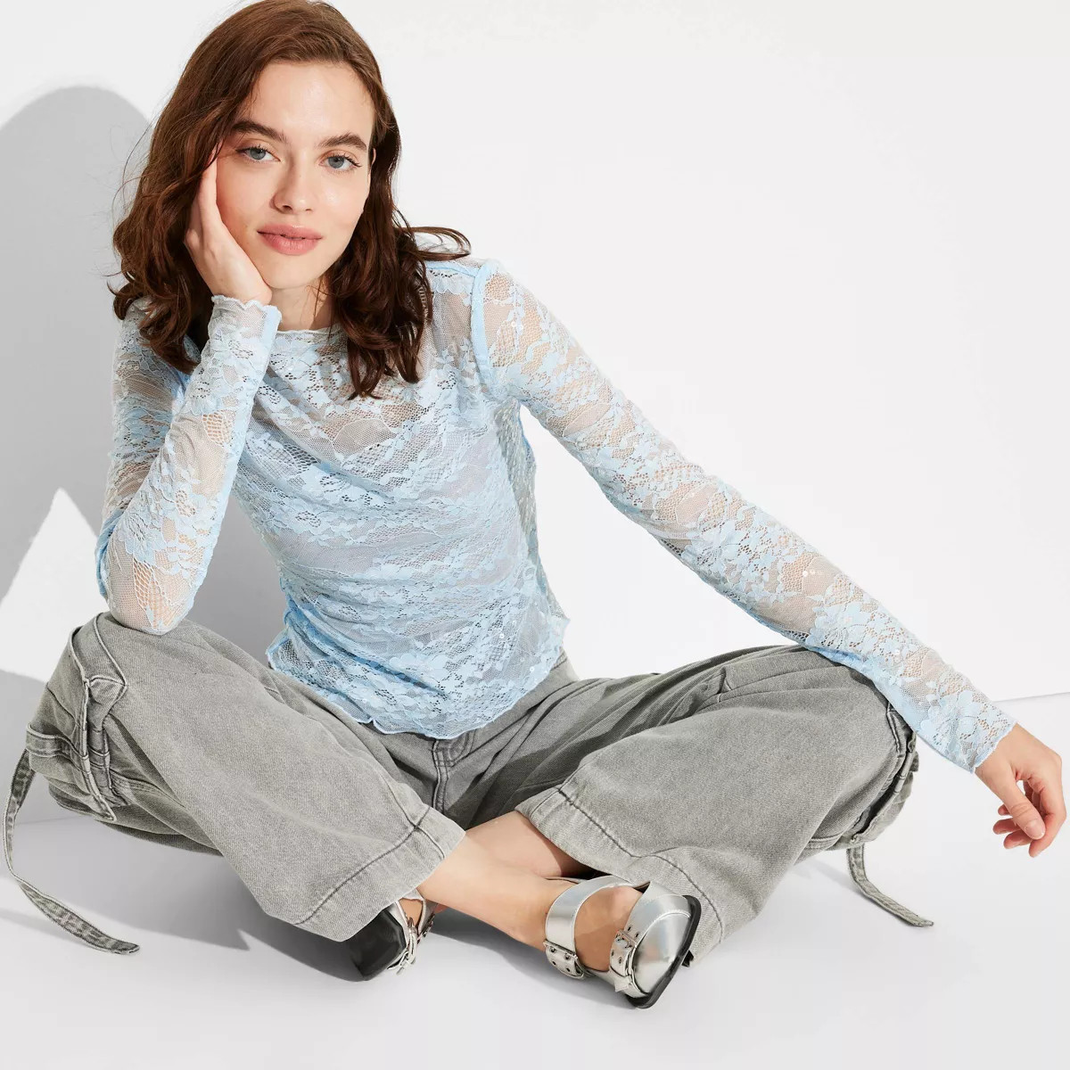 Women's Long Sleeve Lace Sequin Top - Wild Fable™ Champagne XXS | Target