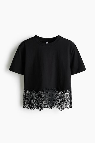 H & M - Lace-Trimmed T-Shirt - Black | H&M (US + CA)