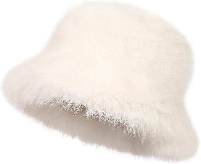 LA CARRIE Women's Fuzzy Wide Brim Faux Fur Bucket Hat Winter Warmer Fisherman Cap | Amazon (US)