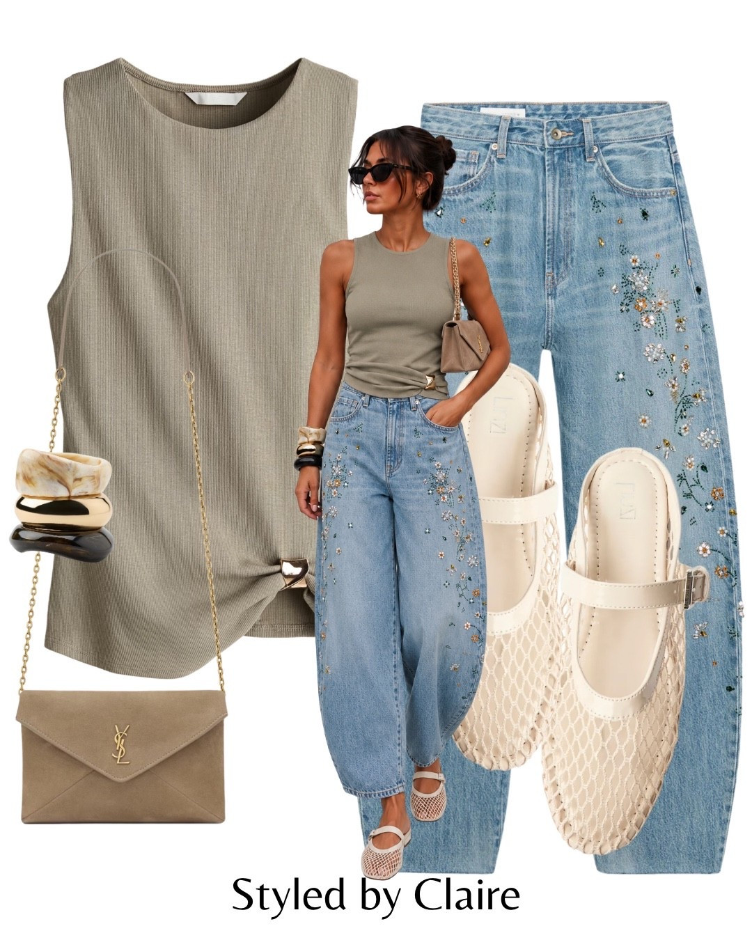 COOL GIRL JEANS🧚🏼
Tags: Zara embellished pants embroidered draped top Sage green gold detail mesh ballet flat mules nude resin bracelets ysl suede chain strap bag fashion summer golden hour Inspo outfit ideas chic women’s style

#LTKsummer #LTKstyletip #LTKshoes
