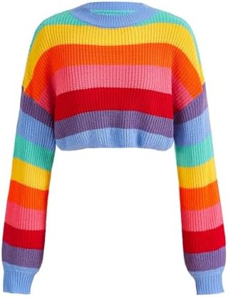Verdusa Women's Striped Rainbow Cropped Sweater Long Sleeve Lightweight Cute Knit Tops Pullovers | Amazon (US)