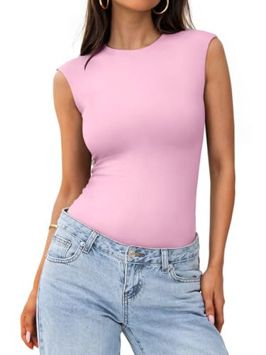 PINKMSTYLE Women's Sexy Sleeveless Round Neck Double Lined Basic Bodysuit Tank Tops Pink Small | Amazon (US)