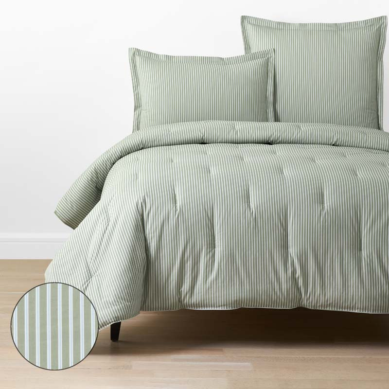 Tira Floral Classic Cool Cotton Percale Comforter - Stripe Green, Full/Queen | The Company Store