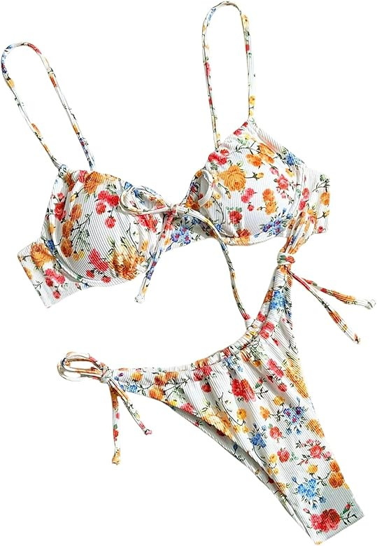 Narecte Ladies' Bohemian Style Spaghetti Strap Floral Print Tie Front Underwire Bikini Set | Amazon (US)