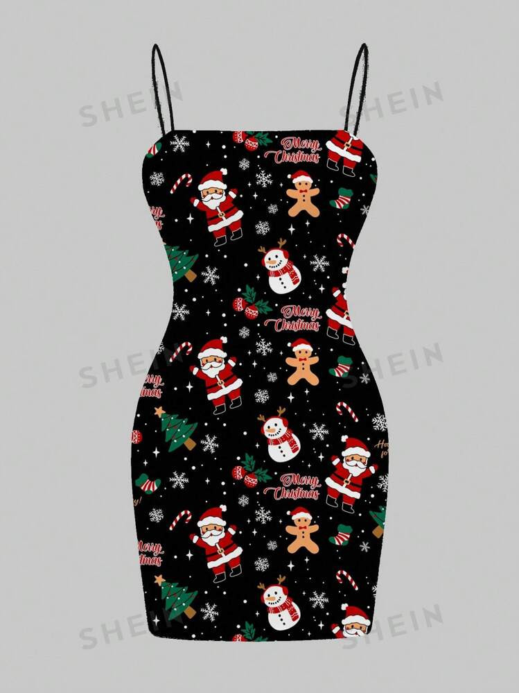 SHEIN EZwear Christmas Snowflake & Santa Claus Graphic Casual Minimalist Women Holiday Party Cami... | SHEIN