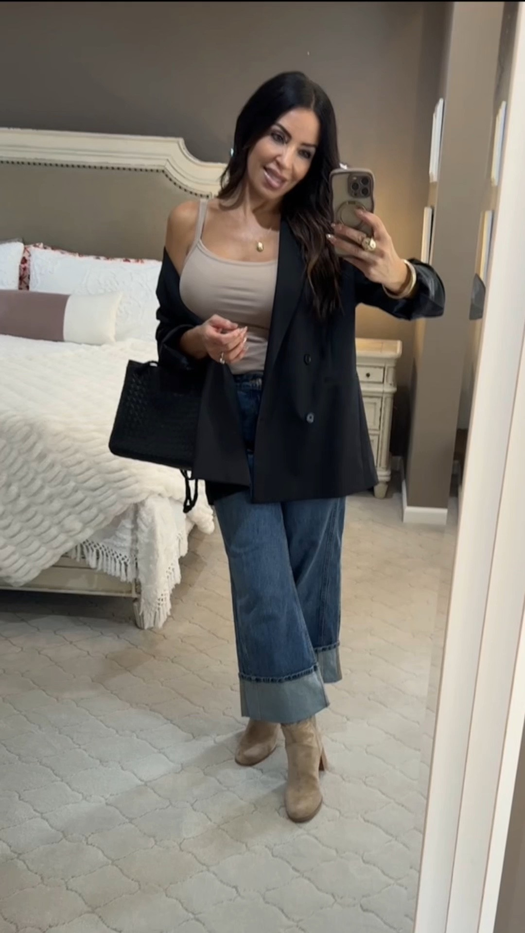 Elevating Walmart basics for fall! 🍁 Throwing this classic black blazer over a simple tank and wide-leg jeans makes for the easiest (and chicest!) everyday outfit. I love how the wide leg jeans look with my tall suede boots from Dream Pairs! I added a gorgeous necklace from @Ana Luisa and a classic bag from @Quince 🛍️ #WalmartStyle #FallFashion #BlazerOutfit #EverydayStyle
