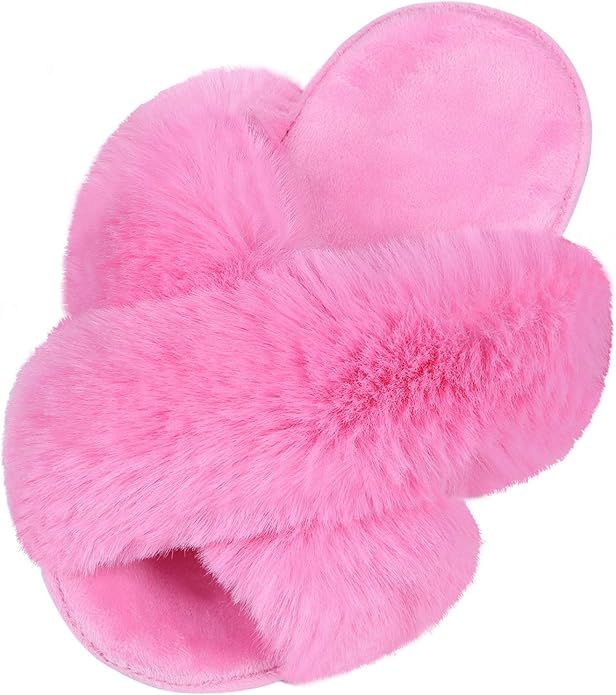 Fuzzy House Slippers for Girls Cross Band Open Toe Indoor Home Shoes, Little Kid 13M - 4.5M | Amazon (US)