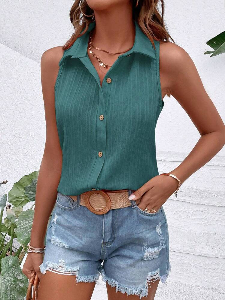 Breezaya Solid Button Front Sleeveless Shirt | SHEIN