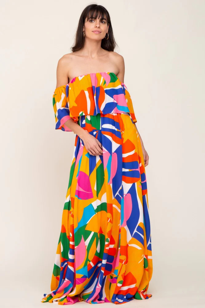 Multi-Color Palm Print Off Shoulder Flounce Maxi Dress | PinkBlush Maternity
