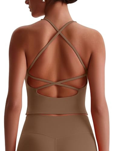 Workout Tops for Women with with Built in Bra Sleeveless Strappy Yoga Pilates Top Camisole Athletic Gym Tops Brown X-Small | Amazon (US)