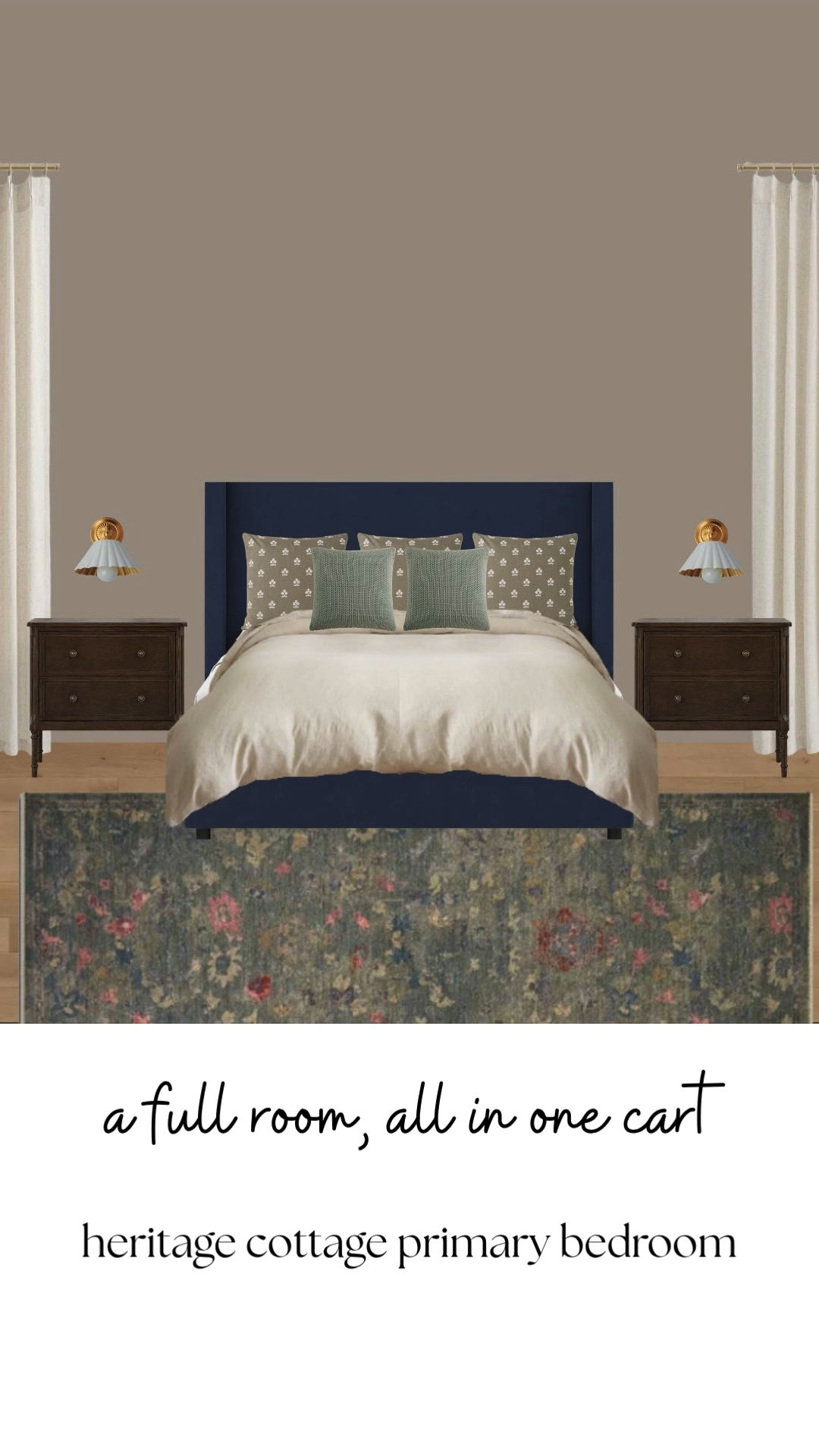 A full room, all in one cart 🤍 This heritage cottage primary bedroom blends warm neutrals, a deep navy upholstered bed, vintage inspired rugs, dark wood nightstands, and soft layered bedding for a timeless collected look. Loving the mix of cozy traditional decor, cottage bedroom styling, classic blue and cream tones, warm wood finishes, and elegant heritage inspired details. Perfect for anyone searching primary bedroom ideas, cottage bedroom inspiration, traditional bedroom decor, cozy neutral bedrooms, navy upholstered beds, vintage style rugs, and timeless bedroom design.
 

 #LTKHome