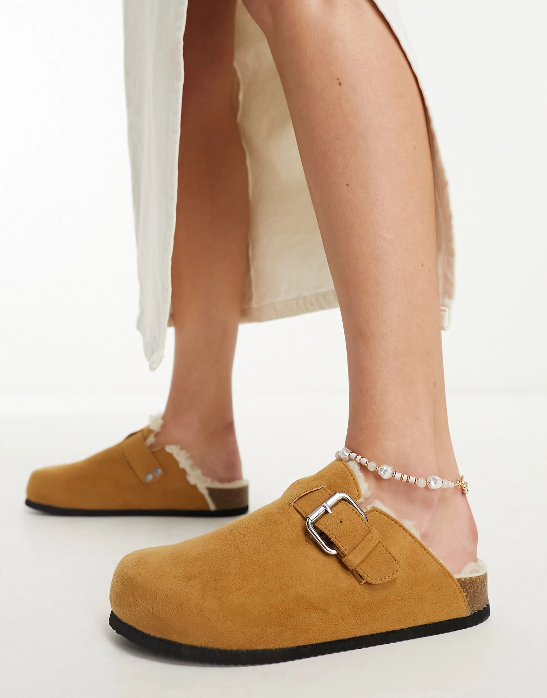 Monki faux suede clog with buckle in brown | ASOS (Global)