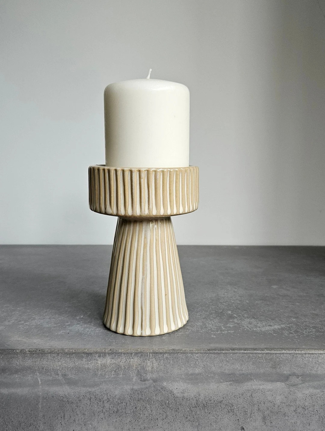 Ribbed Pillar Candle Holder, Natural Ceramic Home Decor Items Decorative Ornament,rustic Nordic S... | Etsy (US)