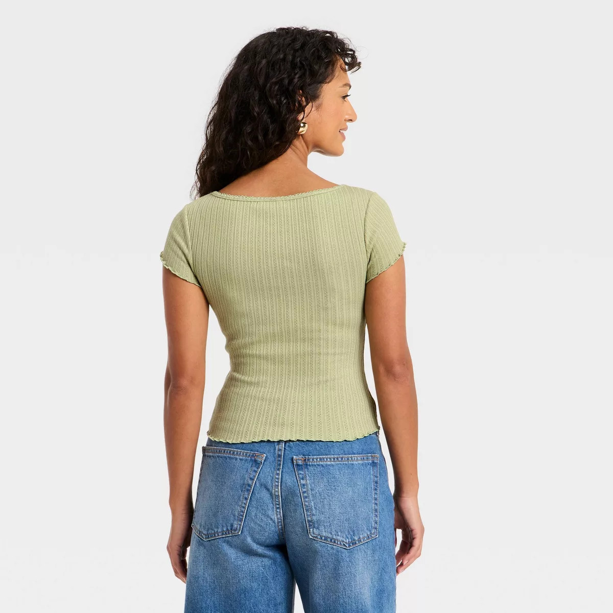 Women's Slim Fit Short Sleeve Pointelle Sweetheart Neck T-Shirt - Universal Thread™ Green XS | Target