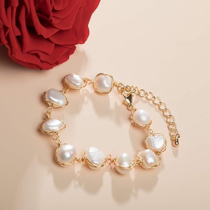 Cowlyn Pearl Bracelet Baroque Cultured Handmade Wind Bossimi 18K Gold Work Around Silk Adjustable... | Amazon (US)