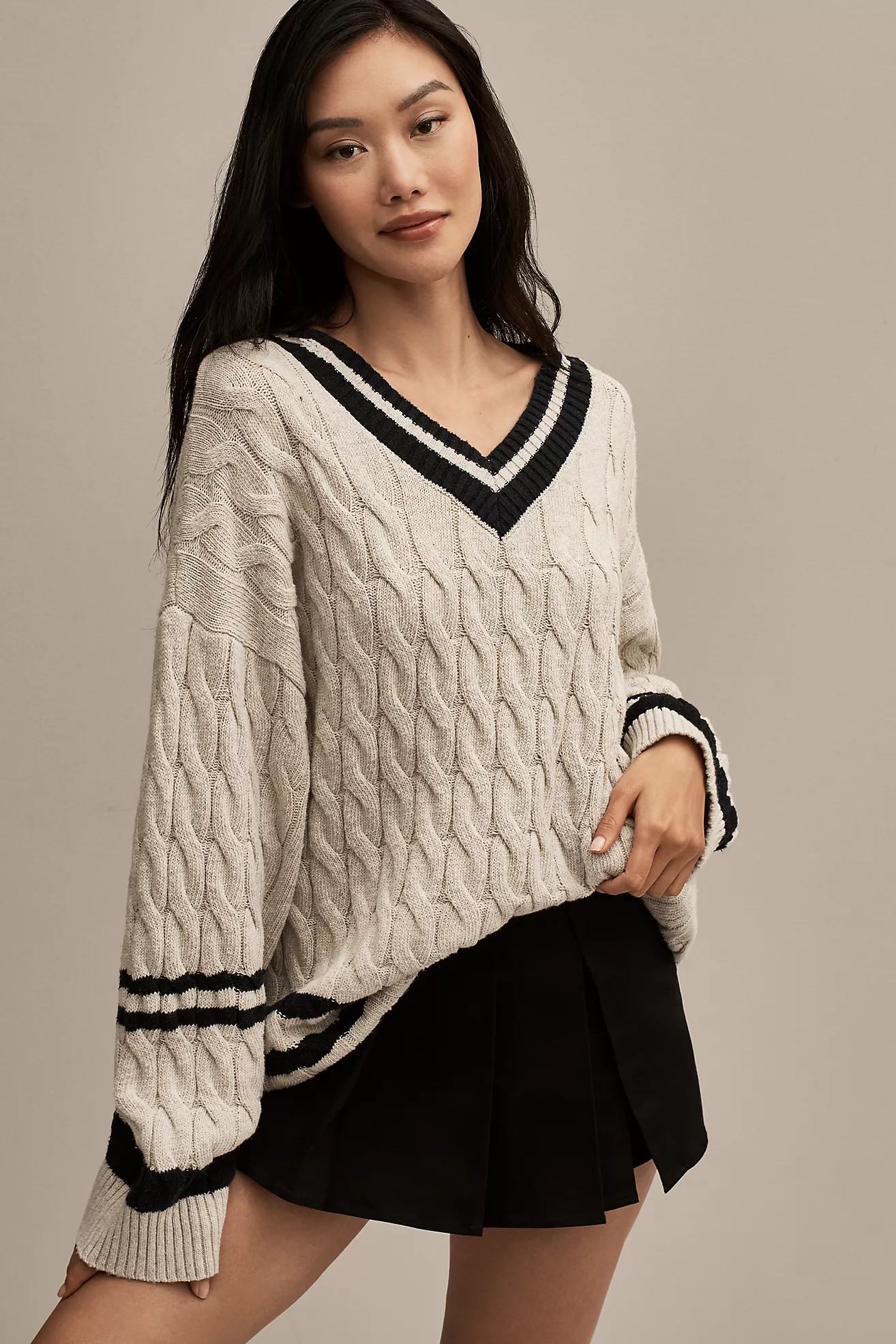 Moon River Striped V-Neck Cable-Knit Sweater | Anthropologie (US)