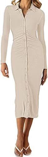 Linsery Women V Neck Ruched Knitted Bodycon Midi Dress Ribbed Button Sweater Pencil Dresses | Amazon (US)