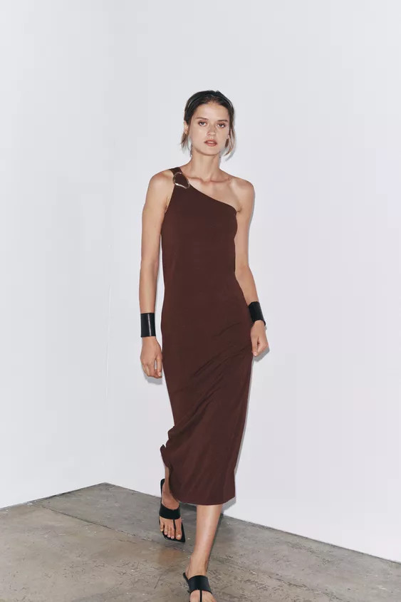 ASYMMETRIC KNIT MIDI DRESS WITH TRIM | Zara UK