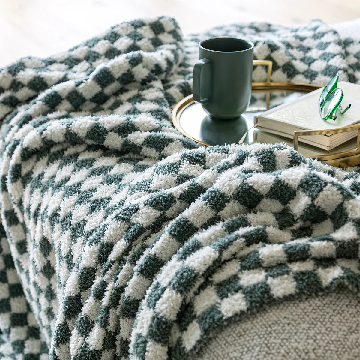 Baby's Breath & Forest Green Check Print Throw | Sunset Snuggles